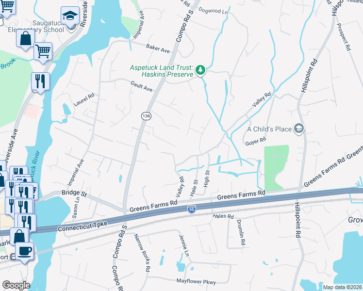 map of restaurants, bars, coffee shops, grocery stores, and more near 12 Mansfield Place in Westport