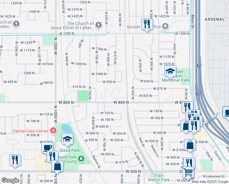 map of restaurants, bars, coffee shops, grocery stores, and more near 652 West 800 North in Clinton
