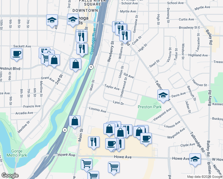 map of restaurants, bars, coffee shops, grocery stores, and more near 406 Taylor Avenue in Cuyahoga Falls