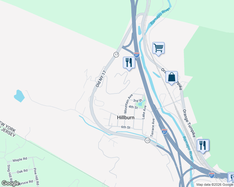map of restaurants, bars, coffee shops, grocery stores, and more near 65 Mountain Avenue in Hillburn