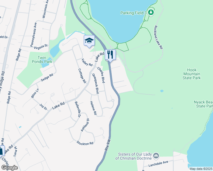 map of restaurants, bars, coffee shops, grocery stores, and more near 734 Route 9W in Valley Cottage