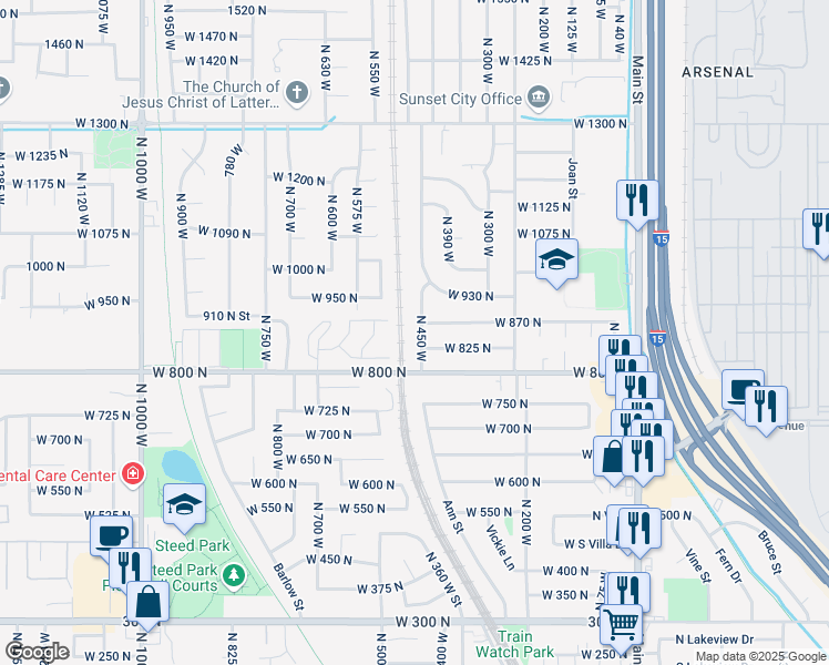 map of restaurants, bars, coffee shops, grocery stores, and more near 849 North 450 West in Sunset