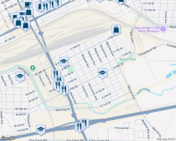 map of restaurants, bars, coffee shops, grocery stores, and more near 523 East 7th Street in Cheyenne