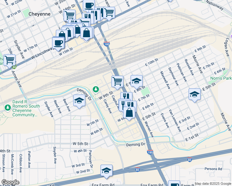 map of restaurants, bars, coffee shops, grocery stores, and more near 116 West 9th Street in Cheyenne