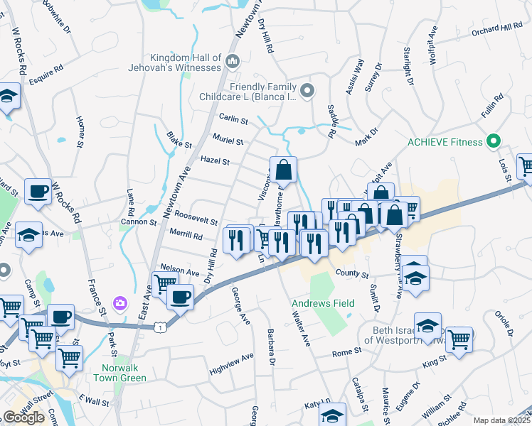 map of restaurants, bars, coffee shops, grocery stores, and more near 6 Visconti Street in Norwalk