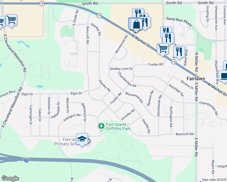 map of restaurants, bars, coffee shops, grocery stores, and more near 3126 Morewood Road in Fairlawn