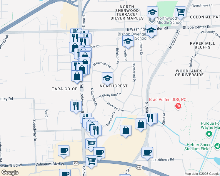 map of restaurants, bars, coffee shops, grocery stores, and more near 5310 Archwood Lane in Fort Wayne