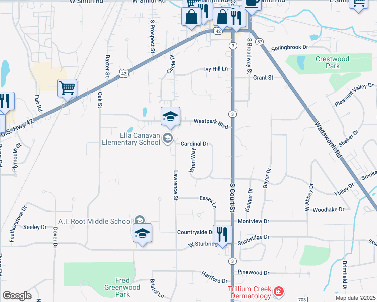 map of restaurants, bars, coffee shops, grocery stores, and more near 339 Cardinal Drive in Medina