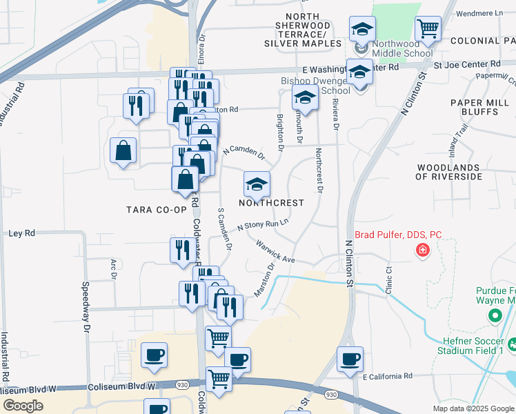 map of restaurants, bars, coffee shops, grocery stores, and more near 5301 Archwood Lane in Fort Wayne
