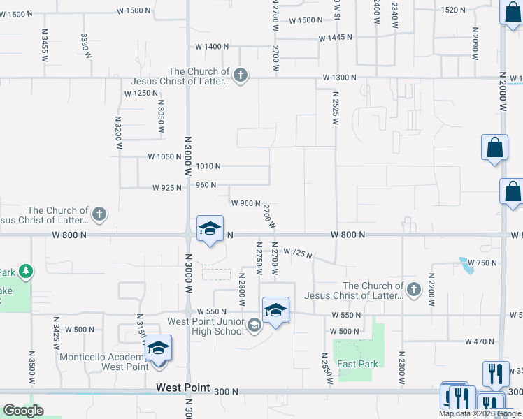 map of restaurants, bars, coffee shops, grocery stores, and more near 889 North 2700 West in Clinton
