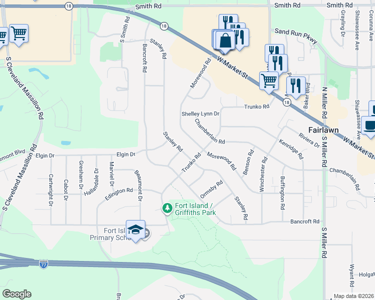 map of restaurants, bars, coffee shops, grocery stores, and more near 3126 Morewood Road in Fairlawn
