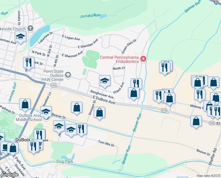 map of restaurants, bars, coffee shops, grocery stores, and more near 609 Green Glen Drive in DuBois