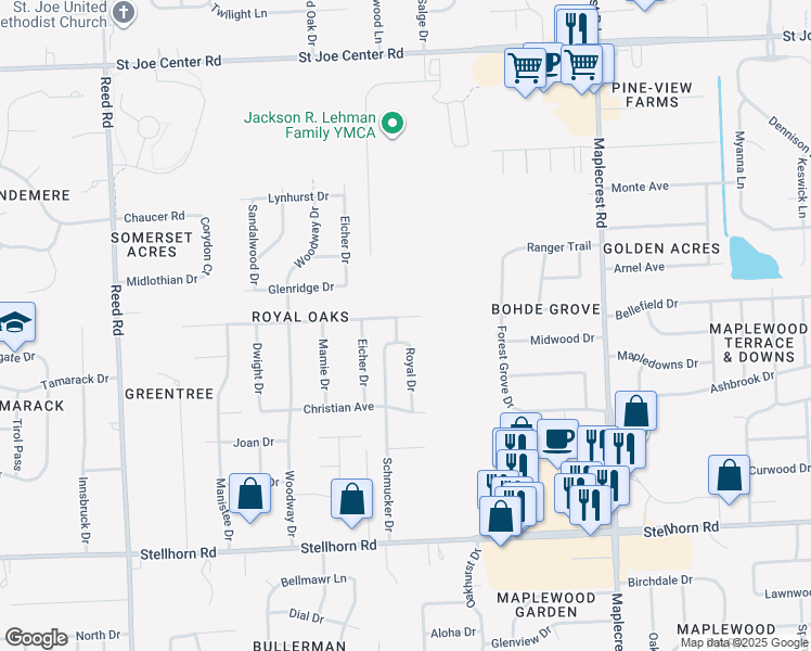 map of restaurants, bars, coffee shops, grocery stores, and more near 5737 Woodlea Avenue in Fort Wayne