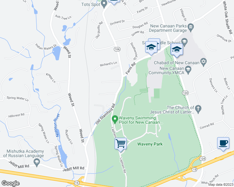 map of restaurants, bars, coffee shops, grocery stores, and more near 392 Old Stamford Road in New Canaan