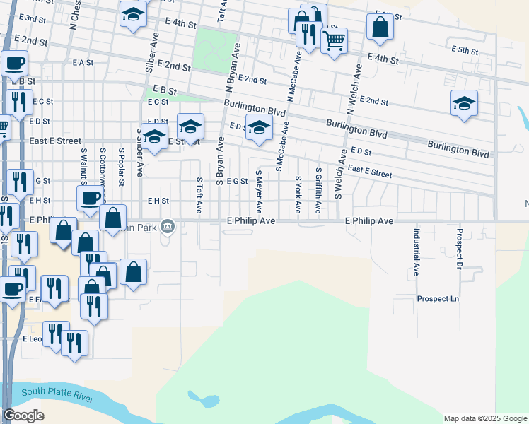 map of restaurants, bars, coffee shops, grocery stores, and more near 1450-1498 E H St in North Platte