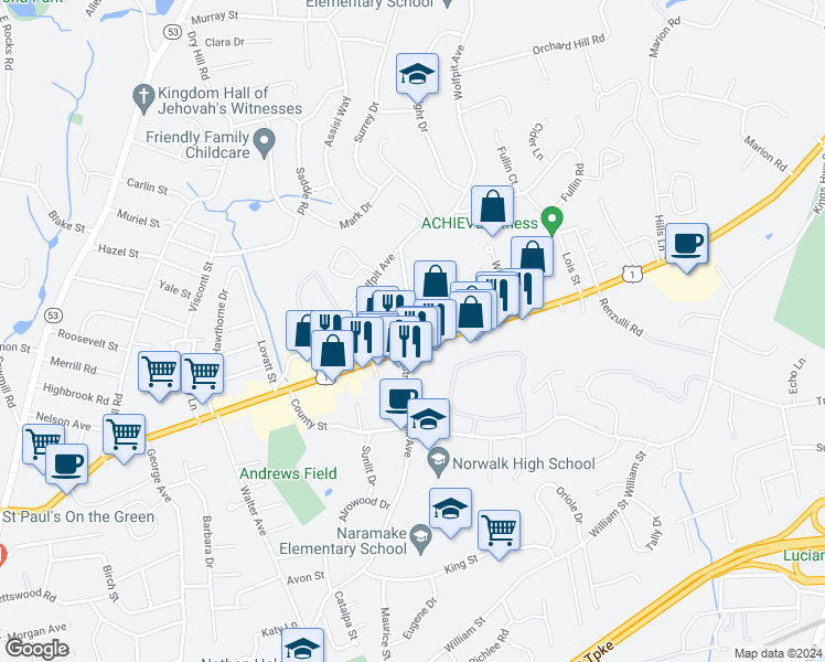 map of restaurants, bars, coffee shops, grocery stores, and more near 324 Strawberry Hill Avenue in Norwalk