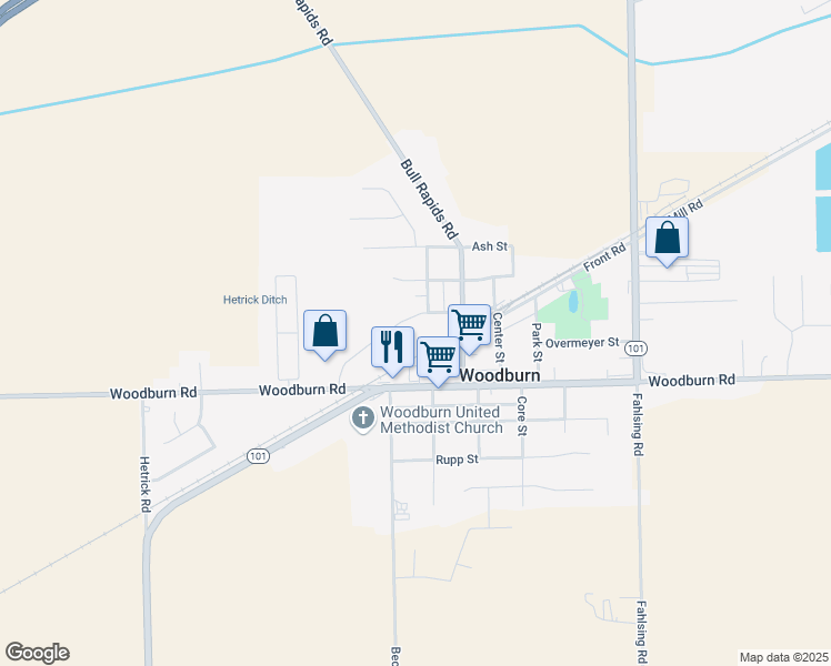 map of restaurants, bars, coffee shops, grocery stores, and more near 4610 Lynnwood Street in Woodburn