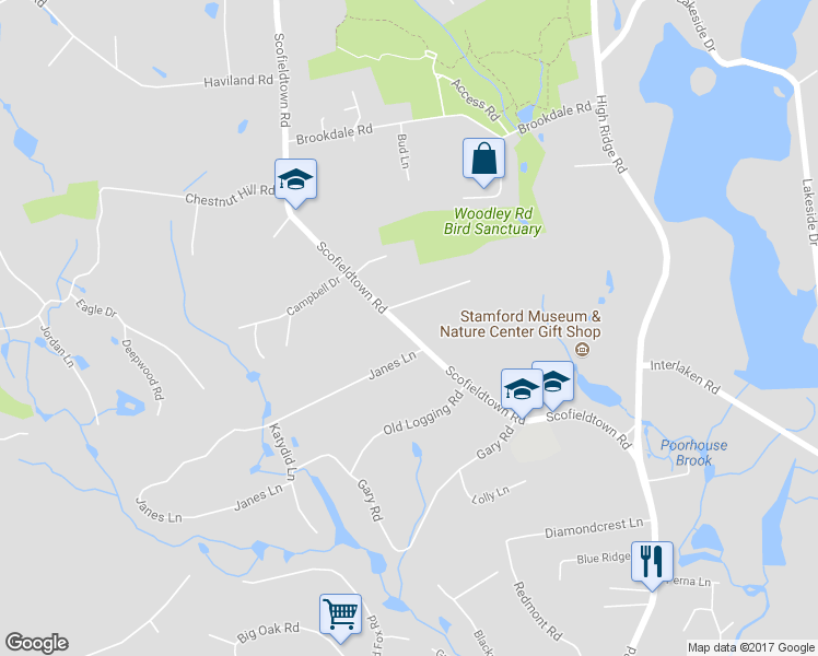 map of restaurants, bars, coffee shops, grocery stores, and more near 235 Scofieldtown Road in Stamford
