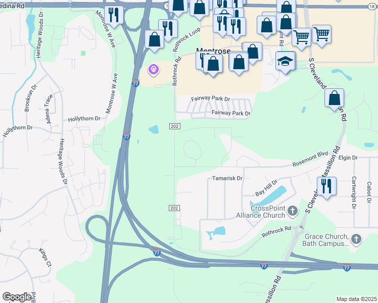map of restaurants, bars, coffee shops, grocery stores, and more near 3800 Rosemont Boulevard in Akron