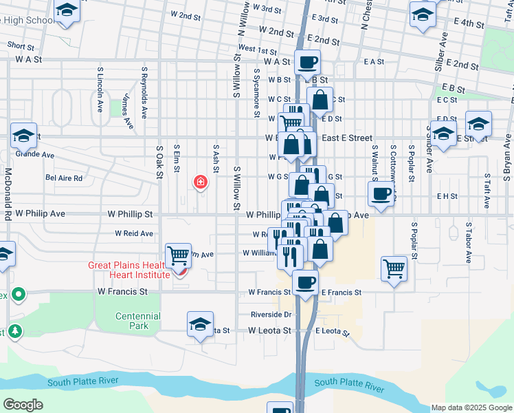 map of restaurants, bars, coffee shops, grocery stores, and more near 700-898 S Sycamore St in North Platte