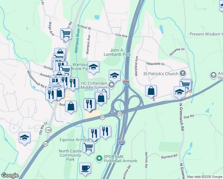 map of restaurants, bars, coffee shops, grocery stores, and more near 10 MacDonald Avenue in Armonk