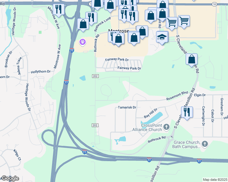 map of restaurants, bars, coffee shops, grocery stores, and more near 3800 Rosemont Boulevard in Akron