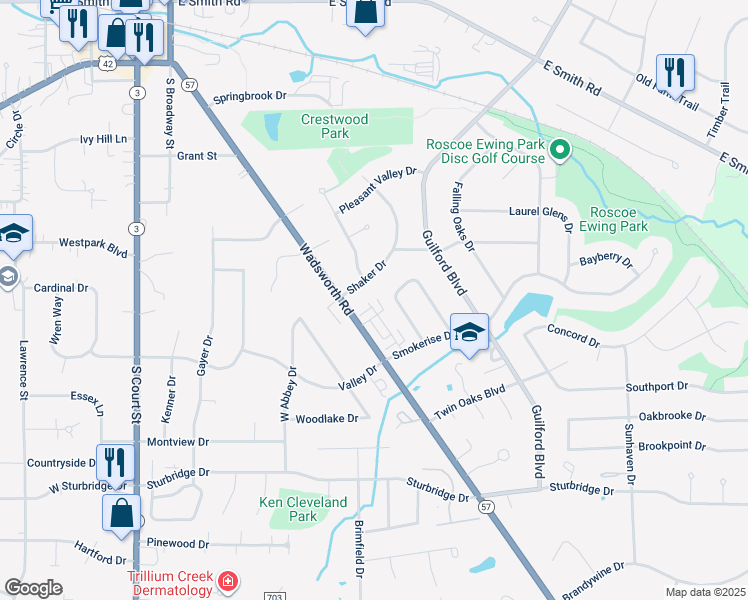 map of restaurants, bars, coffee shops, grocery stores, and more near 685 Hampshire Drive in Medina