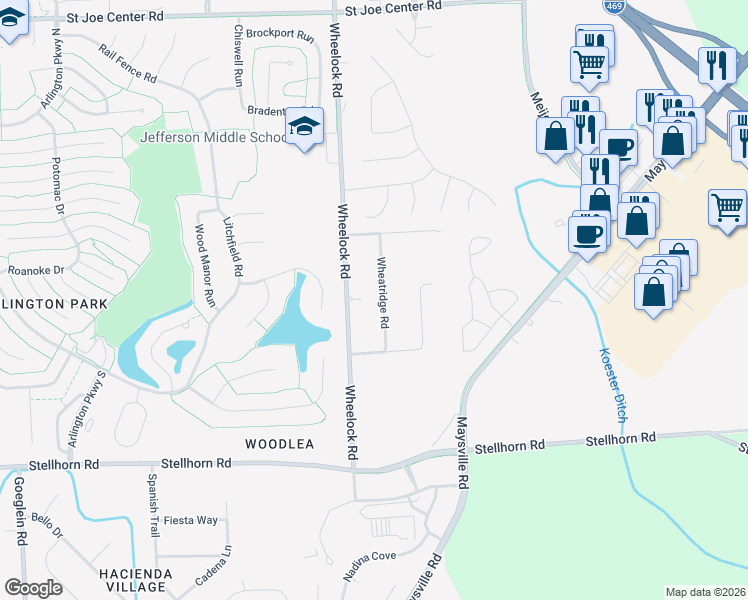 map of restaurants, bars, coffee shops, grocery stores, and more near 4832 Wheatridge Rd in Fort Wayne