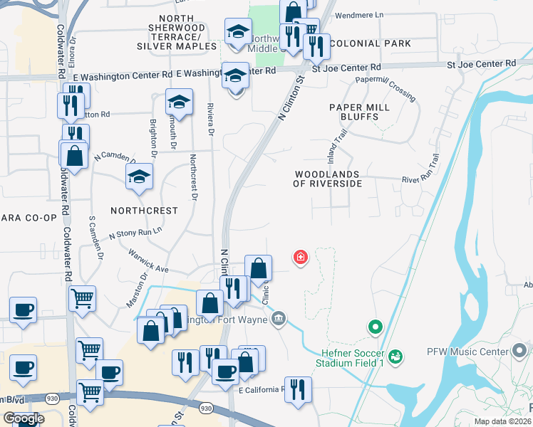 map of restaurants, bars, coffee shops, grocery stores, and more near 5322 North Clinton Street in Fort Wayne
