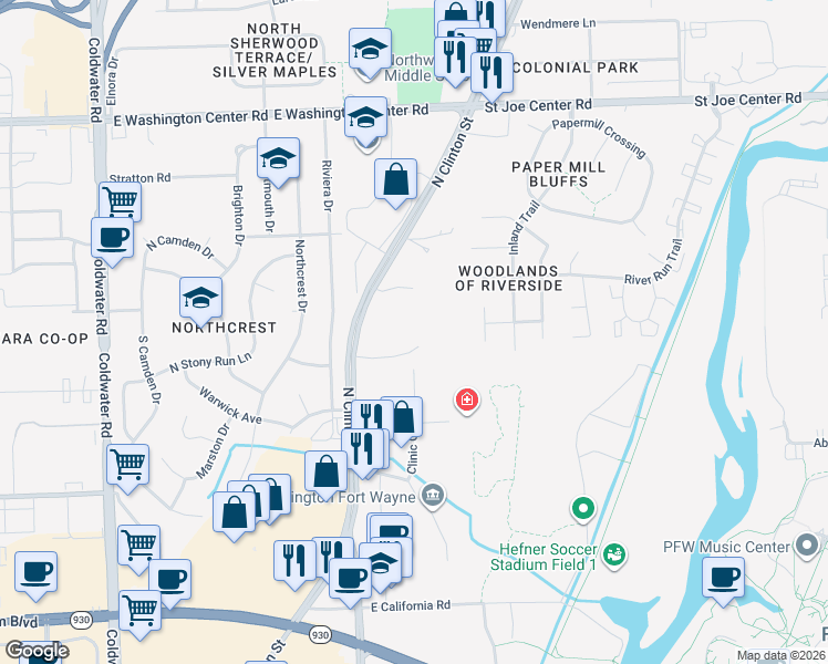 map of restaurants, bars, coffee shops, grocery stores, and more near 5322 North Clinton Street in Fort Wayne