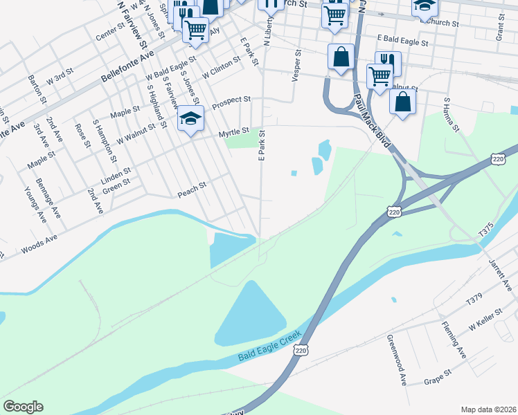 map of restaurants, bars, coffee shops, grocery stores, and more near 613 East Park Street in Lock Haven