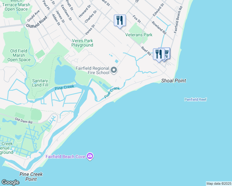 map of restaurants, bars, coffee shops, grocery stores, and more near 1206 Fairfield Beach Road in Fairfield