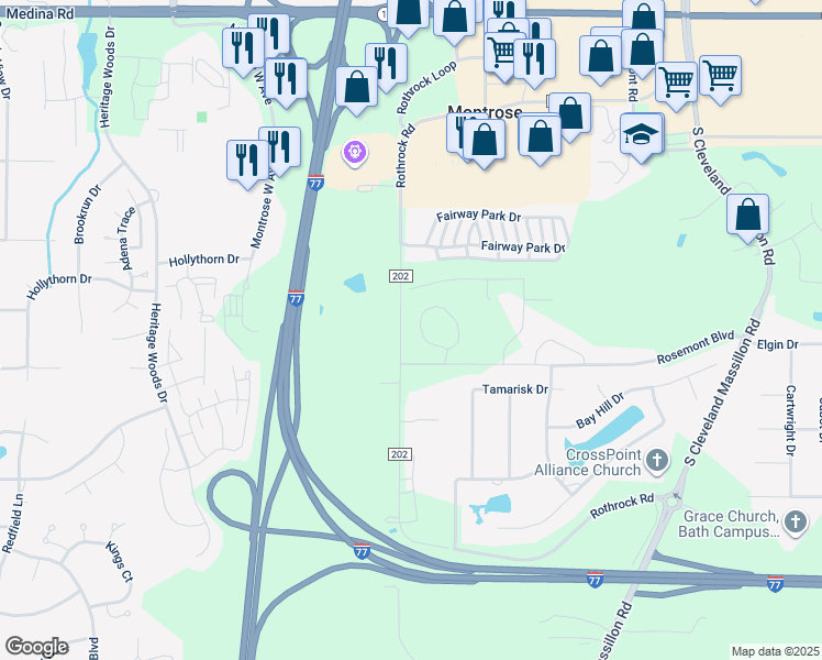 map of restaurants, bars, coffee shops, grocery stores, and more near 3800 Rosemont Boulevard in Akron