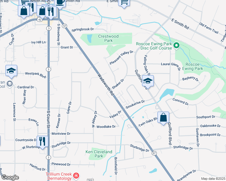 map of restaurants, bars, coffee shops, grocery stores, and more near 607 Shaker Drive in Medina
