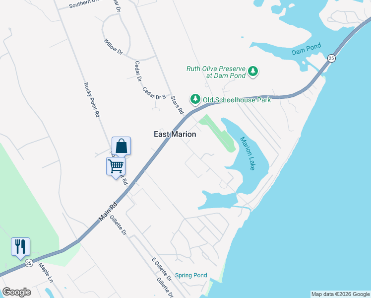 map of restaurants, bars, coffee shops, grocery stores, and more near 425 Bay Avenue in East Marion