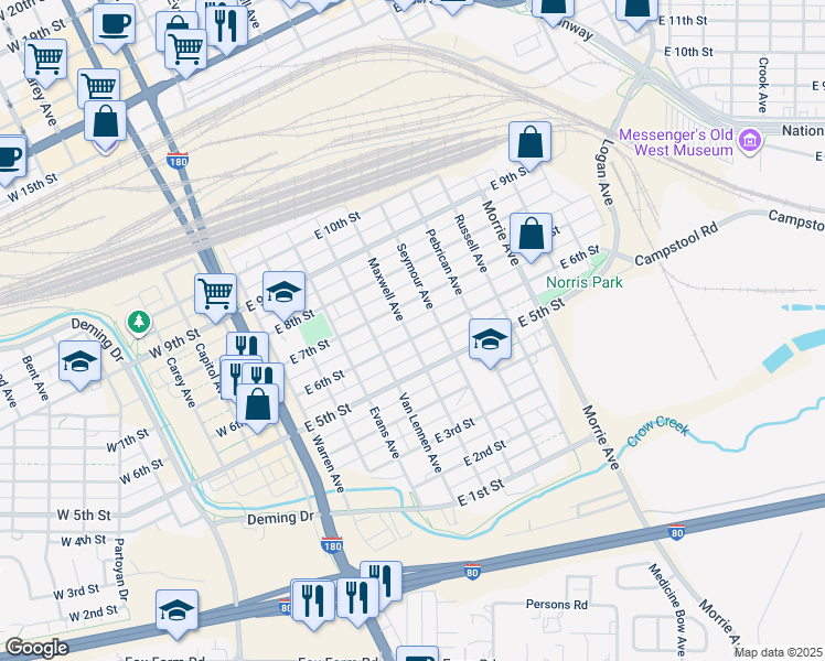 map of restaurants, bars, coffee shops, grocery stores, and more near 600 East 6th Street in Cheyenne