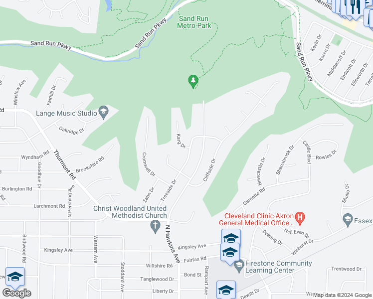 map of restaurants, bars, coffee shops, grocery stores, and more near 1685 Karg Drive in Akron