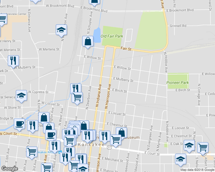 map of restaurants, bars, coffee shops, grocery stores, and more near 619 North Harrison Avenue in Kankakee