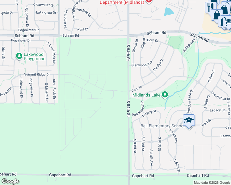 map of restaurants, bars, coffee shops, grocery stores, and more near 12344-12428 South 84th Street in Papillion
