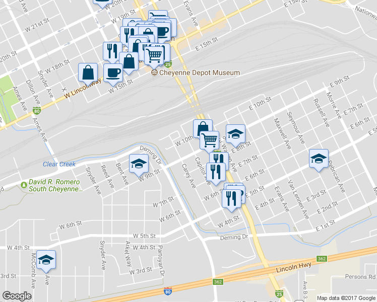 map of restaurants, bars, coffee shops, grocery stores, and more near 210 West 9th Street in Cheyenne