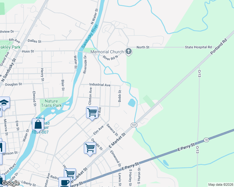 map of restaurants, bars, coffee shops, grocery stores, and more near 340 Elm Avenue in Tiffin