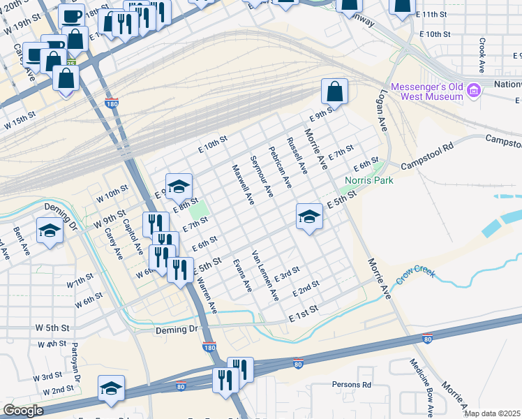map of restaurants, bars, coffee shops, grocery stores, and more near 620 East 6th Street in Cheyenne