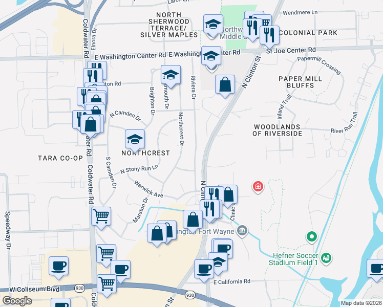 map of restaurants, bars, coffee shops, grocery stores, and more near 5242 Riviera Drive in Fort Wayne