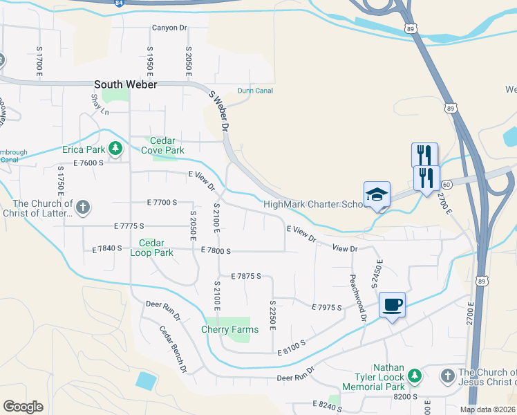 map of restaurants, bars, coffee shops, grocery stores, and more near 2204 East View Drive in South Weber