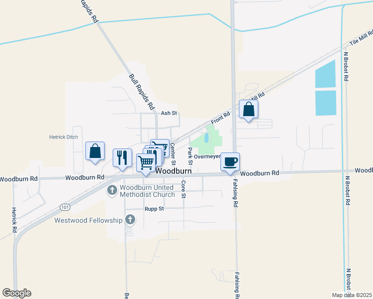 map of restaurants, bars, coffee shops, grocery stores, and more near 4529 Park Street in Woodburn