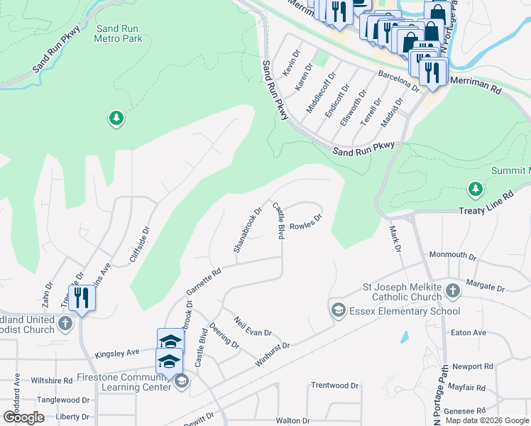 map of restaurants, bars, coffee shops, grocery stores, and more near 1457 Shanabrook Drive in Akron