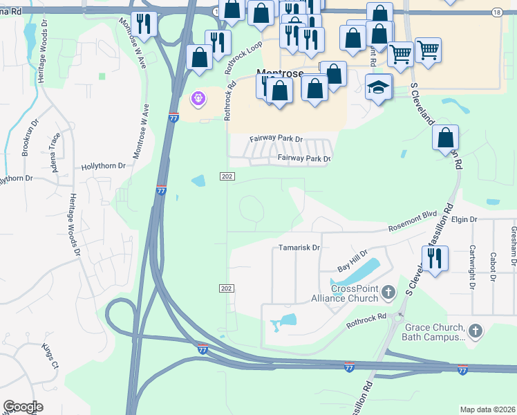 map of restaurants, bars, coffee shops, grocery stores, and more near 3800 Rosemont Boulevard in Fairlawn