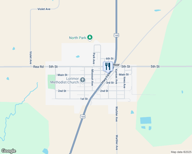 map of restaurants, bars, coffee shops, grocery stores, and more near 500-598 Main St in Lorimor