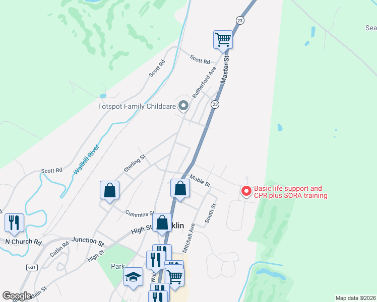 map of restaurants, bars, coffee shops, grocery stores, and more near 10 McCann Street in Franklin