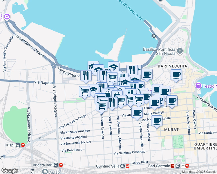 map of restaurants, bars, coffee shops, grocery stores, and more near 101 Via Napoli in Bari